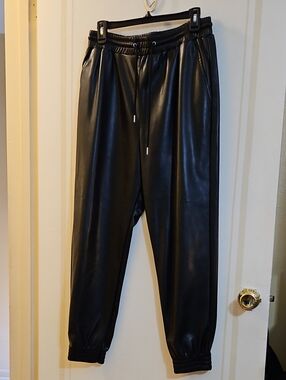 Women's Bagatelle Black Faux Leather Joggers, Size Medium